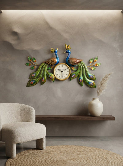 Peacock Wall Clock 30" x 18" – Decorative Metal Peacock Clock for Living Room & Home Decor