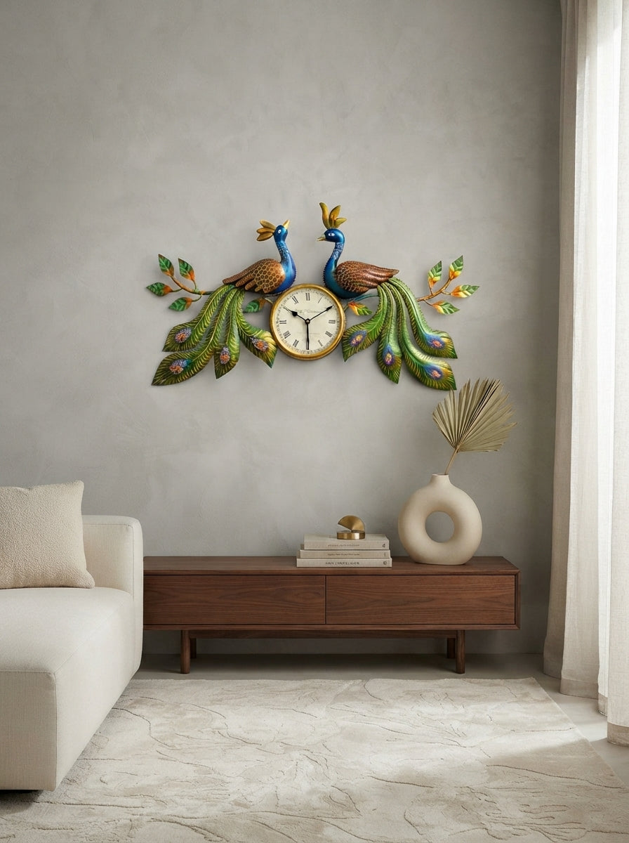 Peacock Wall Clock 30" x 18" – Decorative Metal Peacock Clock for Living Room & Home Decor