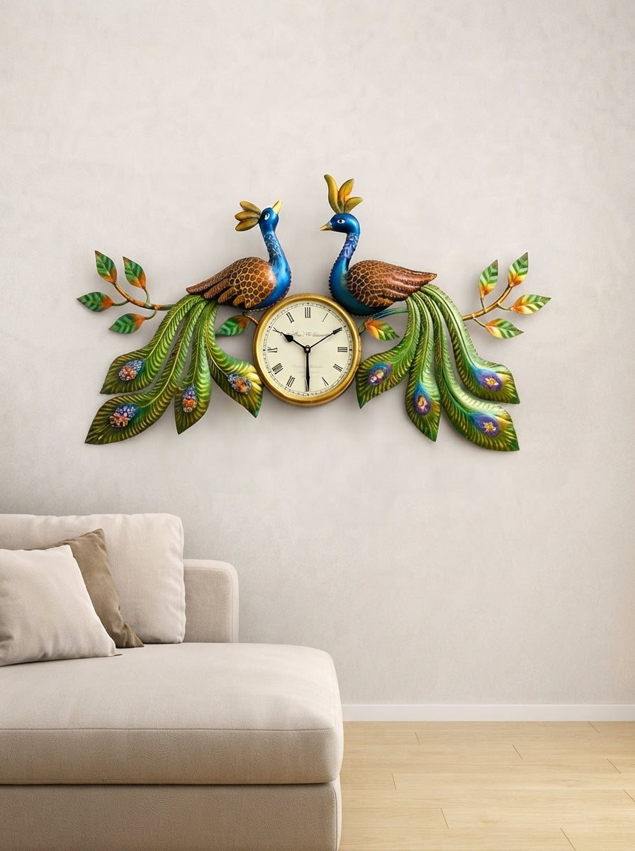 Peacock Wall Clock 30" x 18" – Decorative Metal Peacock Clock for Living Room & Home Decor