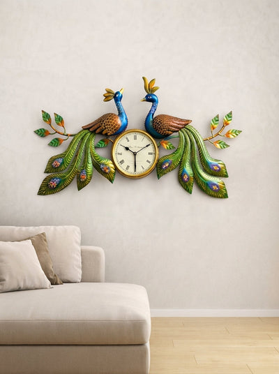 Peacock Wall Clock 30" x 18" – Decorative Metal Peacock Clock for Living Room & Home Decor