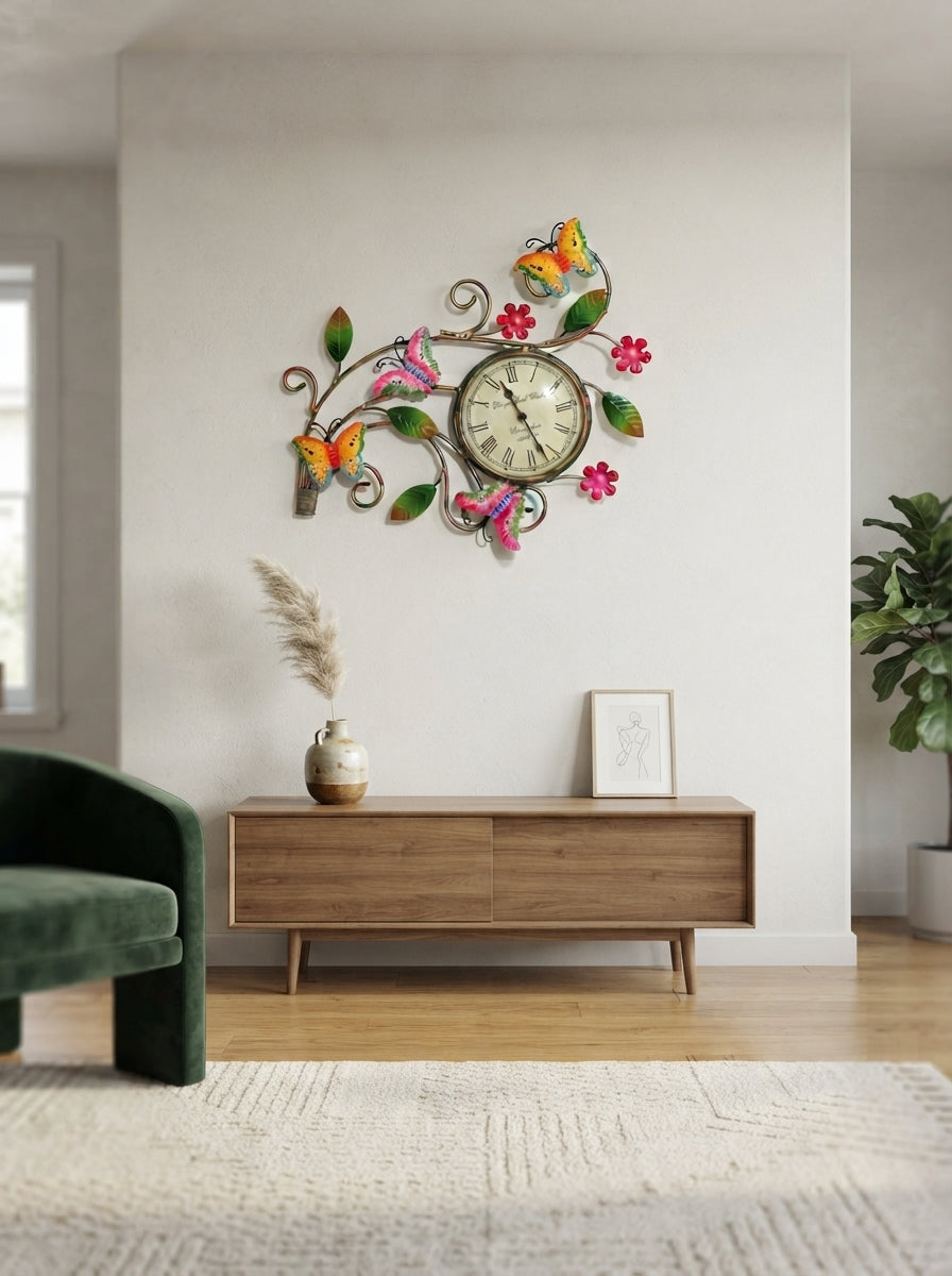 Multi-Colour Butterflies Wall Clock – Decorative Metal Butterfly Wall Clock for Living Room & Home Decor