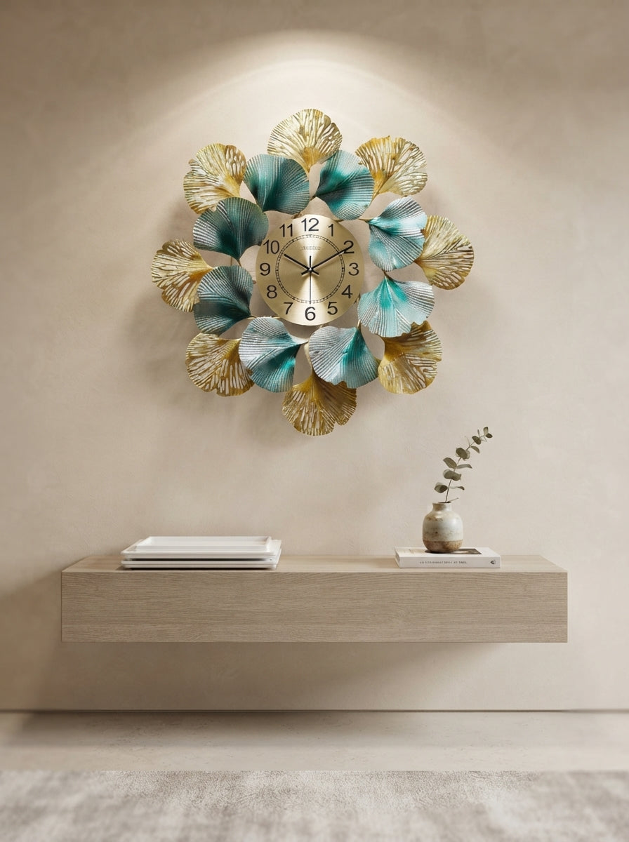 Ginkgo Leaf Wall Clock 31" x 31" – Decorative Metal Nature Wall Clock for Living Room & Home Decor