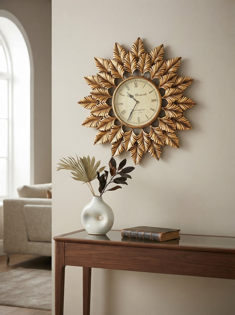 Bronze Sunburst Wall Clock 24 Inch – Modern Metal Decorative Wall Clock for Living Room & Home Decor