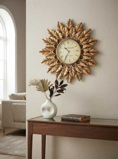 Bronze Sunburst Wall Clock 24 Inch – Modern Metal Decorative Wall Clock for Living Room & Home Decor