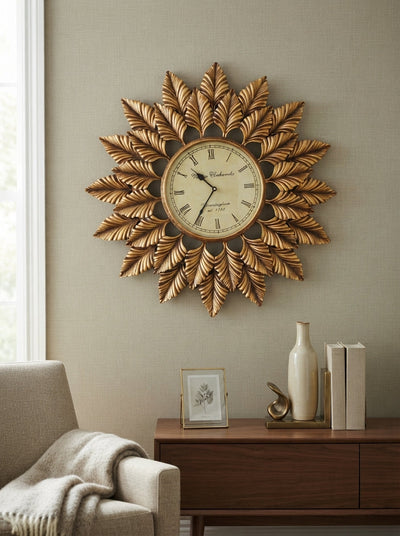 Bronze Sunburst Wall Clock 24 Inch – Modern Metal Decorative Wall Clock for Living Room & Home Decor