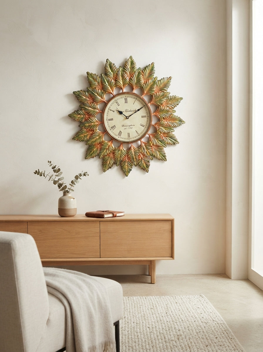 Bronze Sunburst Wall Clock 24 Inch – Modern Metal Decorative Wall Clock for Living Room & Home Decor