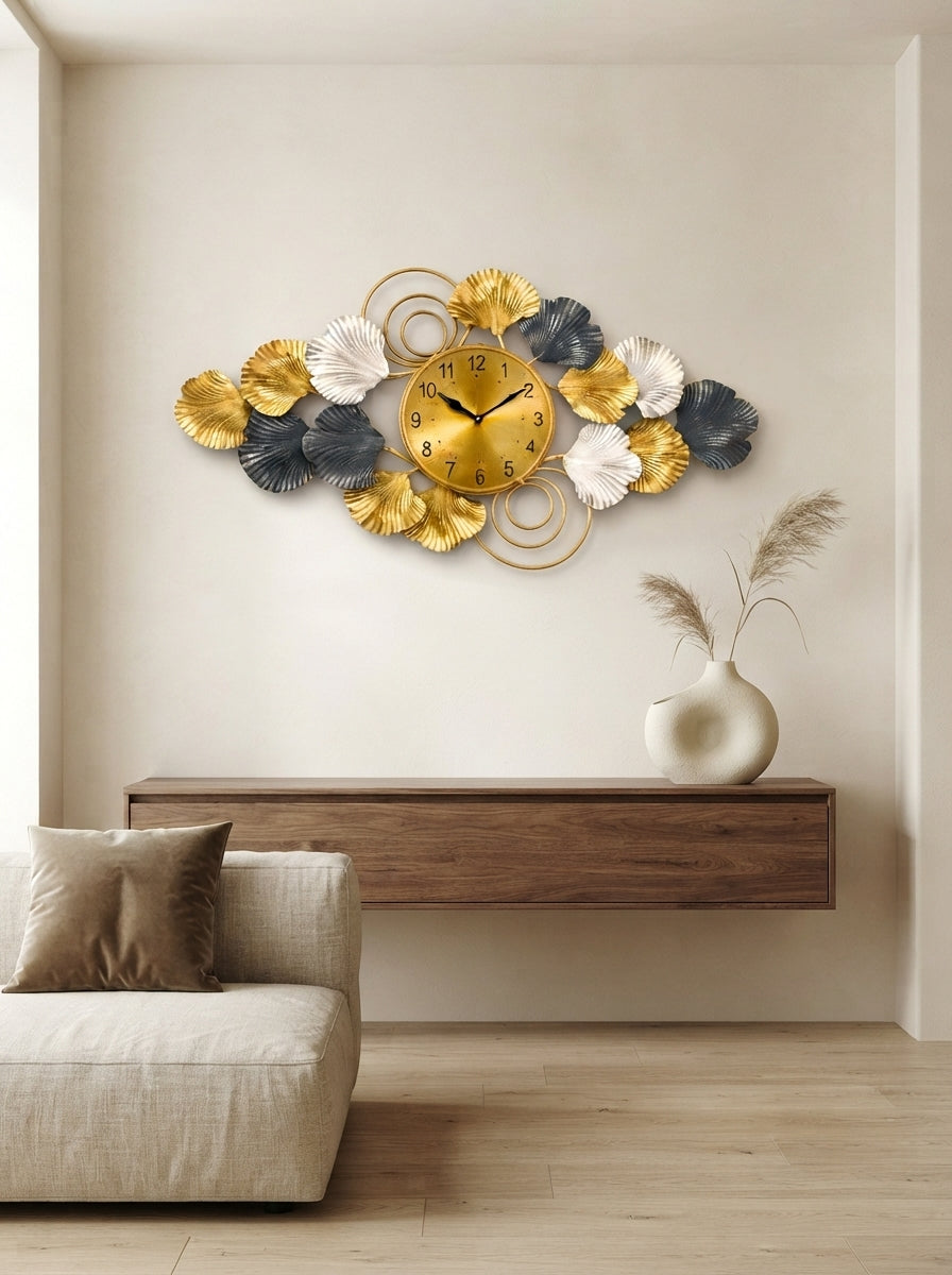 Horizontal Ginkgo Leaf Accent Wall Clock 40" x 26" – Decorative Metal Nature Wall Clock for Living Room & Home Decor