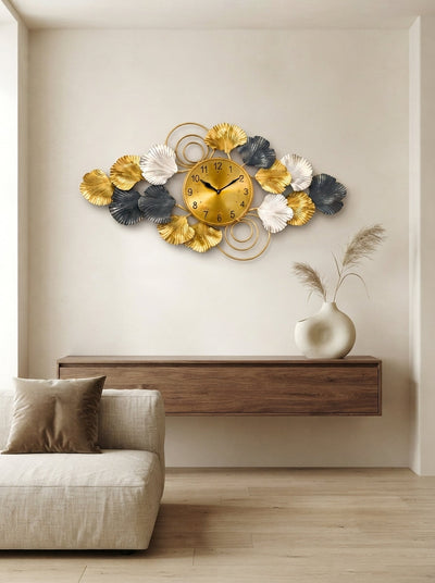Horizontal Ginkgo Leaf Accent Wall Clock 40" x 26" – Decorative Metal Nature Wall Clock for Living Room & Home Decor