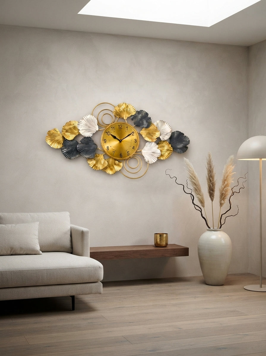 Horizontal Ginkgo Leaf Accent Wall Clock 40" x 26" – Decorative Metal Nature Wall Clock for Living Room & Home Decor