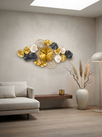 Horizontal Ginkgo Leaf Accent Wall Clock 40" x 26" – Decorative Metal Nature Wall Clock for Living Room & Home Decor