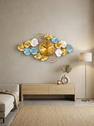 Horizontal Ginkgo Leaf Accent Wall Clock 40" x 26" – Decorative Metal Nature Wall Clock for Living Room & Home Decor