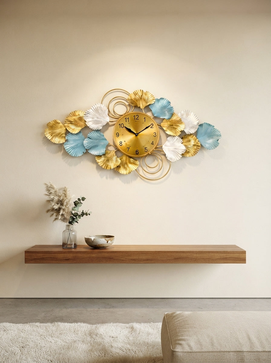 Horizontal Ginkgo Leaf Accent Wall Clock 40" x 26" – Decorative Metal Nature Wall Clock for Living Room & Home Decor