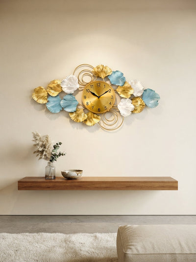 Horizontal Ginkgo Leaf Accent Wall Clock 40" x 26" – Decorative Metal Nature Wall Clock for Living Room & Home Decor