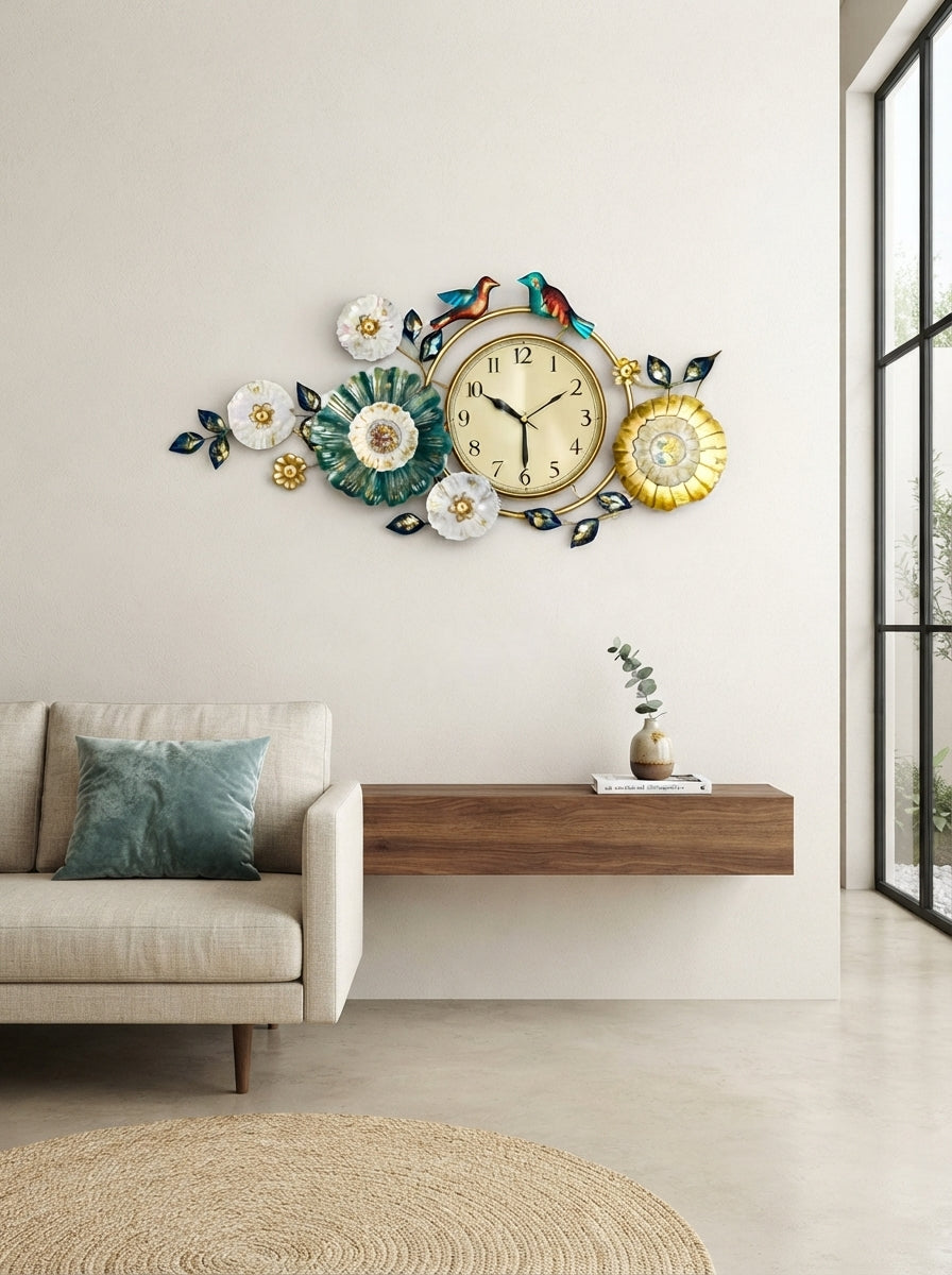 Birds and Flowers Wall Clock – Decorative Metal Wall Clock for Living Room & Home Decor