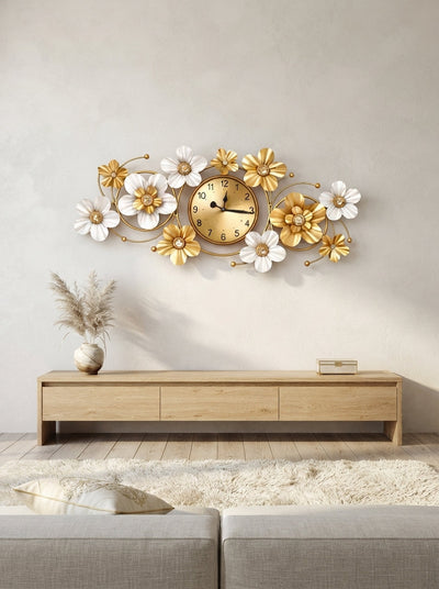 Floral Metal Wall Clock 42" x 19" – Decorative Flower Wall Clock for Living Room & Home Decor