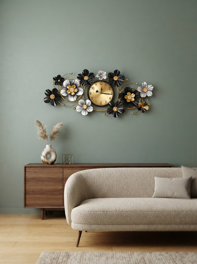 Floral Metal Wall Clock 42" x 19" – Decorative Flower Wall Clock for Living Room & Home Decor
