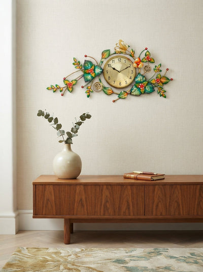 Leaf Surrounded Metal Wall Clock 42" x 22" – Decorative Nature-Inspired Clock for Living Room & Home Decor