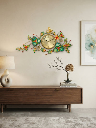 Leaf Surrounded Metal Wall Clock 42" x 22" – Decorative Nature-Inspired Clock for Living Room & Home Decor