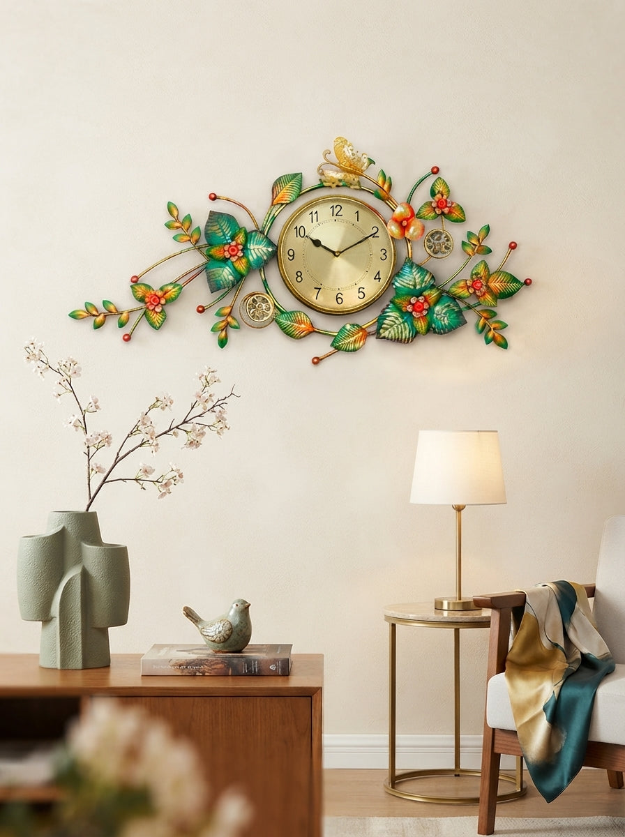 Leaf Surrounded Metal Wall Clock 42" x 22" – Decorative Nature-Inspired Clock for Living Room & Home Decor