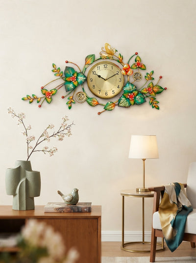 Leaf Surrounded Metal Wall Clock 42" x 22" – Decorative Nature-Inspired Clock for Living Room & Home Decor