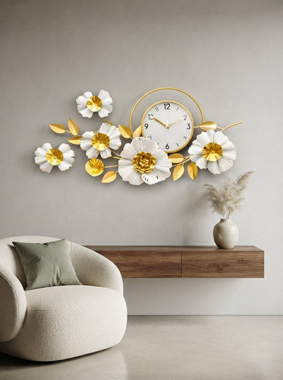 Gold and White Floral Wall Clock 42" x 19" – Decorative Metal Flower Clock for Living Room & Home Decor
