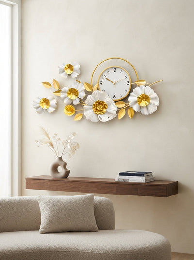 Gold and White Floral Wall Clock 42" x 19" – Decorative Metal Flower Clock for Living Room & Home Decor