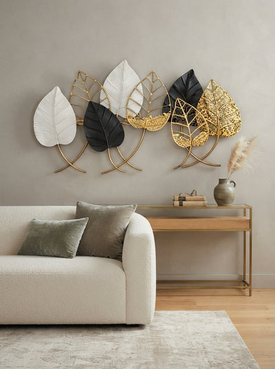 Metal Leaf Wall Art 44"x24" | Black, White & Gold Botanical Decor