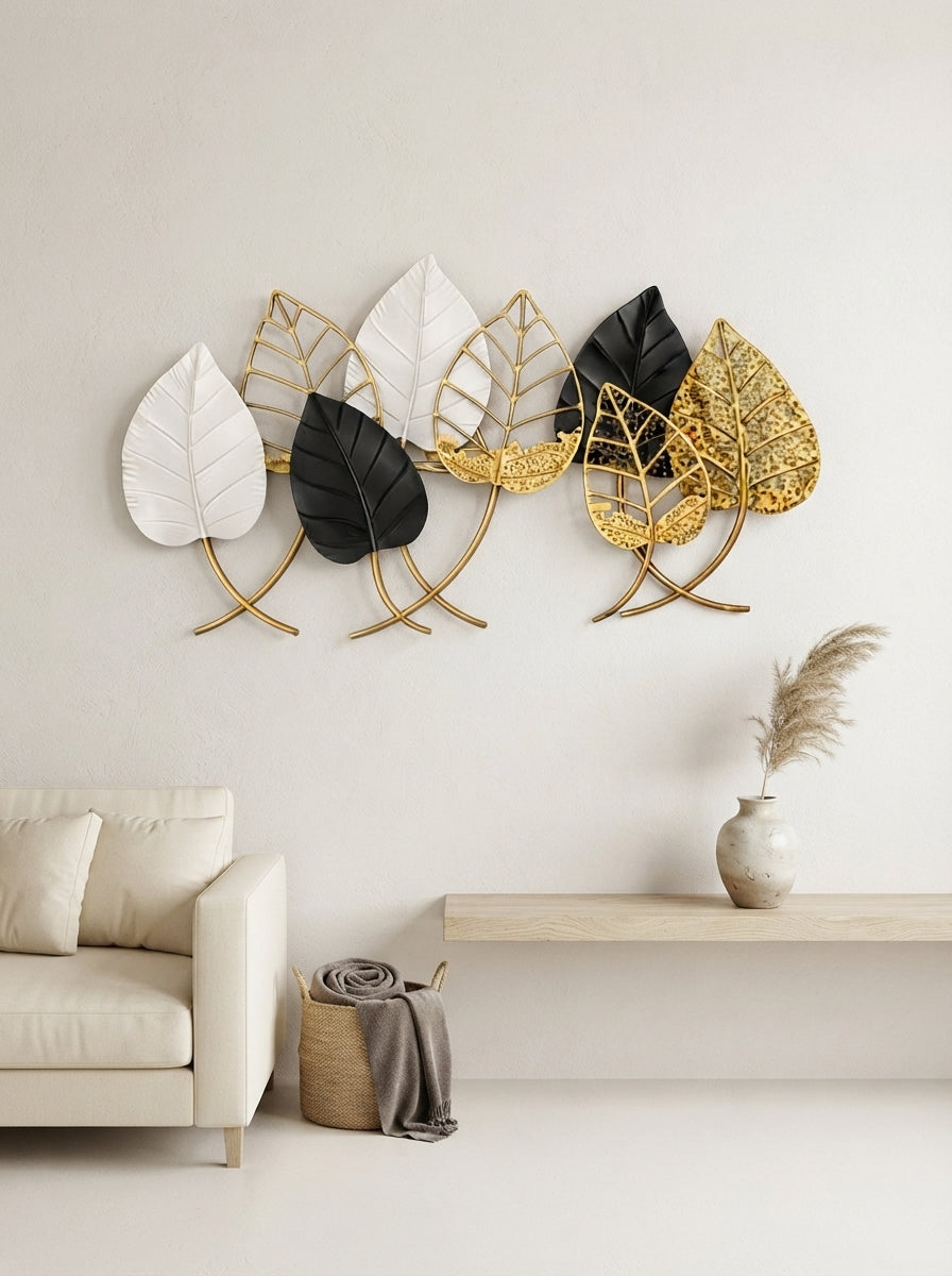 Metal Leaf Wall Art 44"x24" | Black, White & Gold Botanical Decor