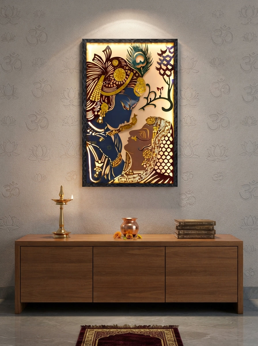 Radha Krishna Metal Wall Art | LED Backlit Framed Wall Decor