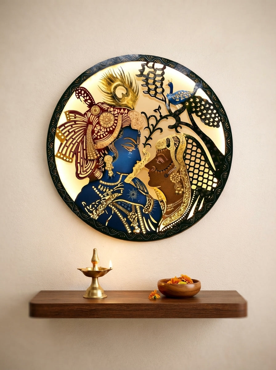 Round Laser Cut Radhe Krishna Wall Art – Decorative Metal Spiritual Wall Decor for Home Temple & Living Room
