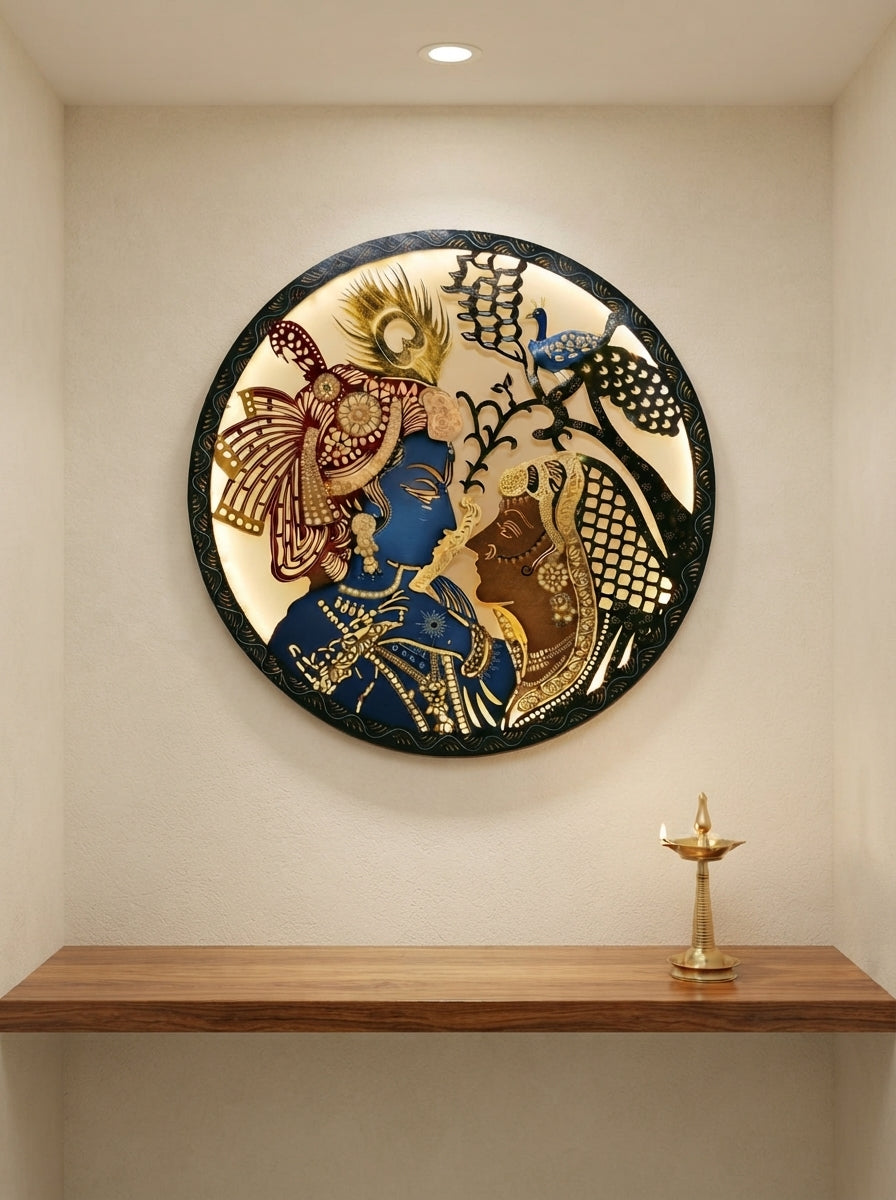 Round Laser Cut Radhe Krishna Wall Art – Decorative Metal Spiritual Wall Decor for Home Temple & Living Room