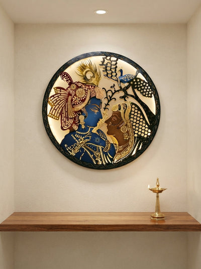 Round Laser Cut Radhe Krishna Wall Art – Decorative Metal Spiritual Wall Decor for Home Temple & Living Room