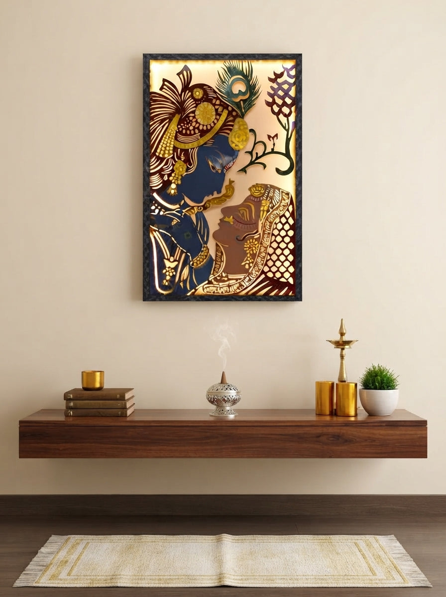 Radha Krishna Metal Wall Art | LED Backlit Framed Wall Decor