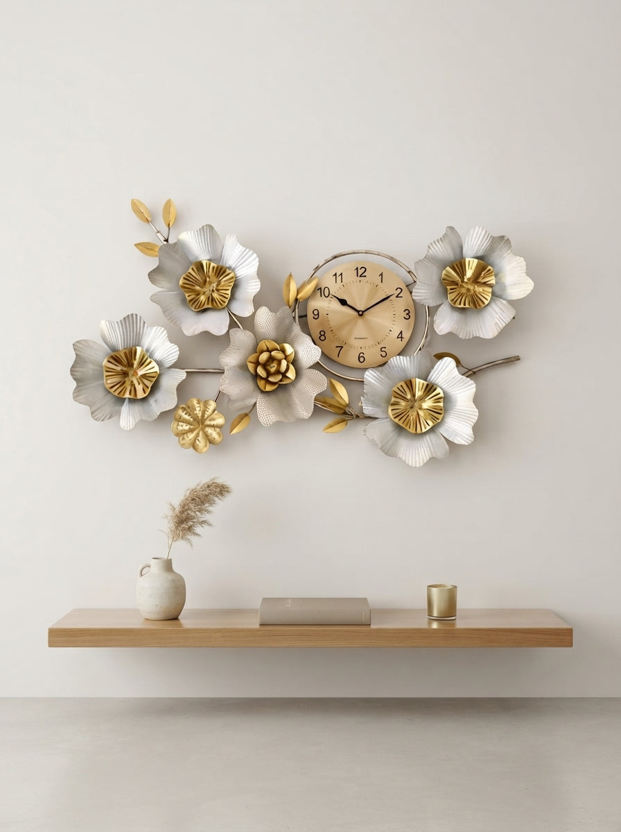 Metal Flower Wall Clock | Silver & Gold Floral Wall Art Decor