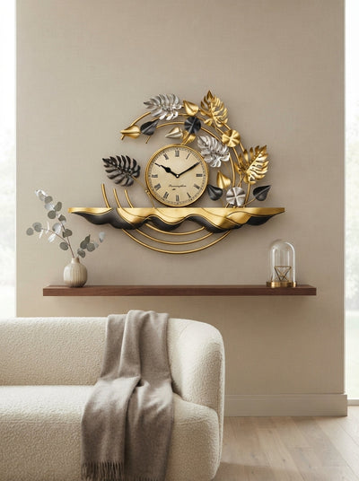 Decorative Leaf Wall Clock 28" x 25" – Elegant Metal Leaf Wall Clock for Living Room & Home Decor