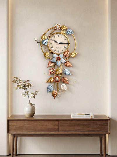Hanging Leaves Wall Clock 14" x 30" – Decorative Metal Leaf Wall Clock for Living Room & Home Decor