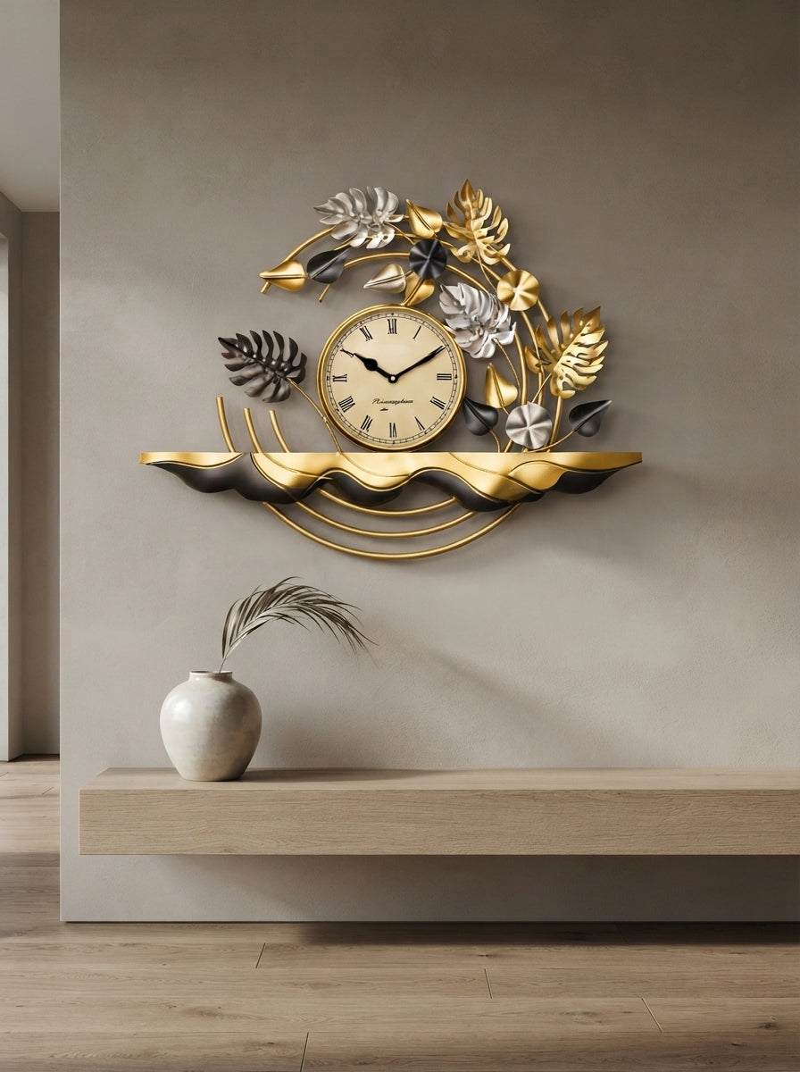 Decorative Leaf Wall Clock 28" x 25" – Elegant Metal Leaf Wall Clock for Living Room & Home Decor