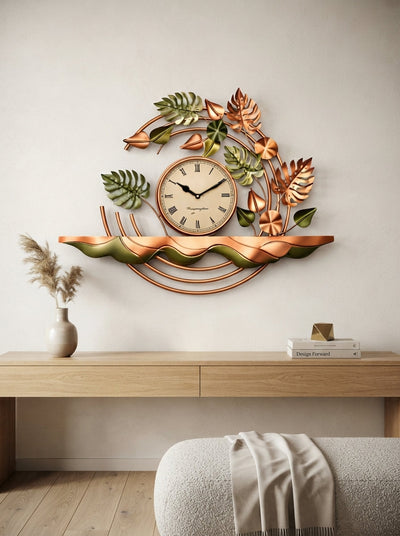 Decorative Leaf Wall Clock 28" x 25" – Elegant Metal Leaf Wall Clock for Living Room & Home Decor