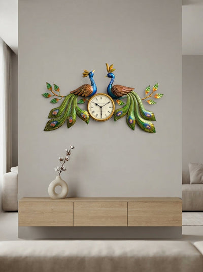 Peacock Wall Clock 30" x 18" – Decorative Metal Peacock Clock for Living Room & Home Decor