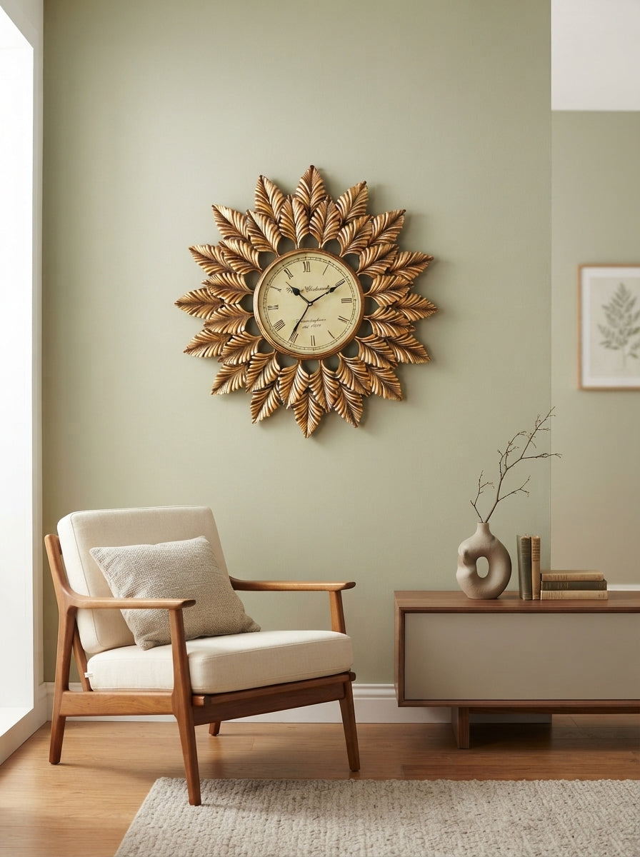Bronze Sunburst Wall Clock 24 Inch – Modern Metal Decorative Wall Clock for Living Room & Home Decor