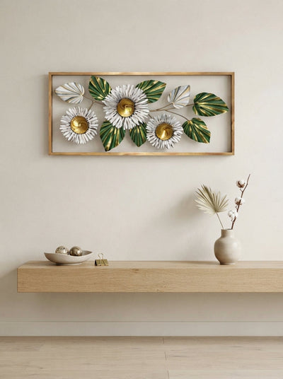 Framed 3 Flower Wall Art 38" x 18" – Decorative Metal Floral Wall Decor for Living Room & Bedroom