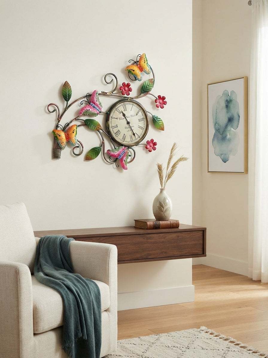 Multi-Colour Butterflies Wall Clock – Decorative Metal Butterfly Wall Clock for Living Room & Home Decor