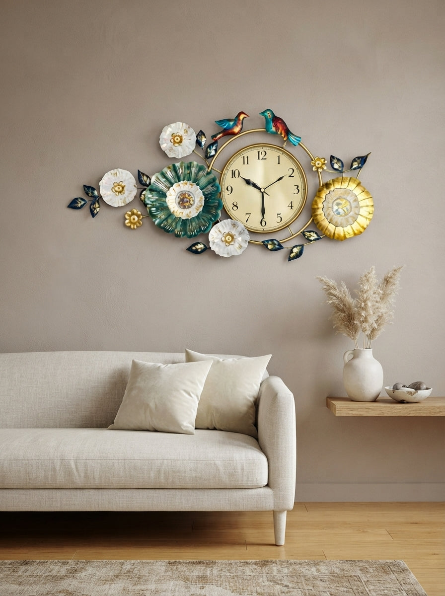 Birds and Flowers Wall Clock – Decorative Metal Wall Clock for Living Room & Home Decor