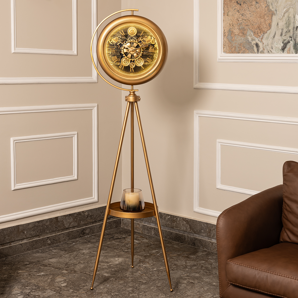 Chrono Luxe Tripod Base Luxury Designer Silent Movement Floor Clock With Moving Gear Mechanism (With Light and Remote) (Steel Body)