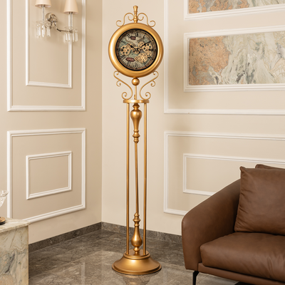 Victorian Timeless Tradition Luxury Designer Silent Movement Standing Clock With Moving Gear Mechanism (Steel Body)