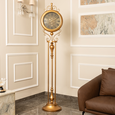 Classic Crown Luxury Designer Silent Movement Standing Clock With Moving Gear Mechanism (Steel Body)
