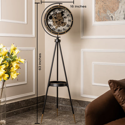 Moon Phase Tripod Base Luxury Designer Floor Clock With Moving Gear Mechanism (Black) (Steel Body)