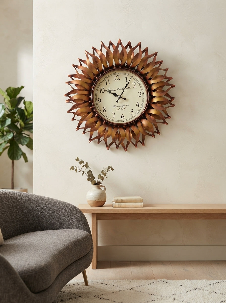 Twisted Petal Sunflower Wall Clock 23 Inch – Decorative Metal Floral Wall Clock for Living Room & Home Decor