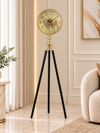 Momentum Dial Tripod Base Luxury Designer Clock With Moving Gear Mechanism - Gold (With Light & Remote)