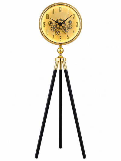 Momentum Dial Tripod Base Luxury Designer Clock With Moving Gear Mechanism - Gold (With Light & Remote)